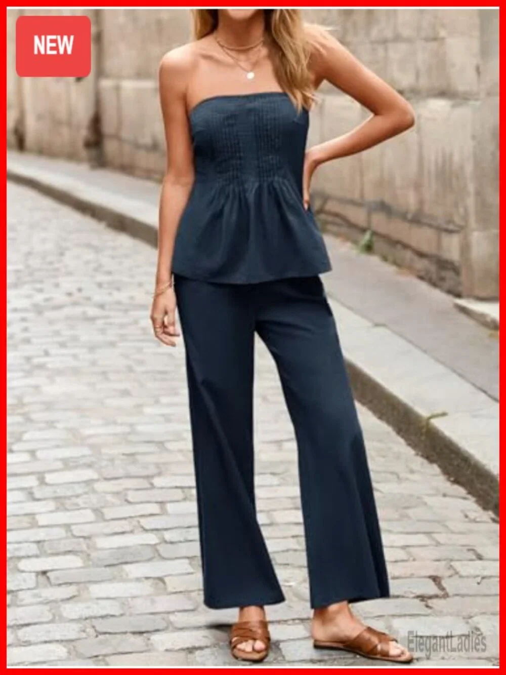 Strapless Tube Top Wide Leg Pants Matching Lounge Set 2 Piece